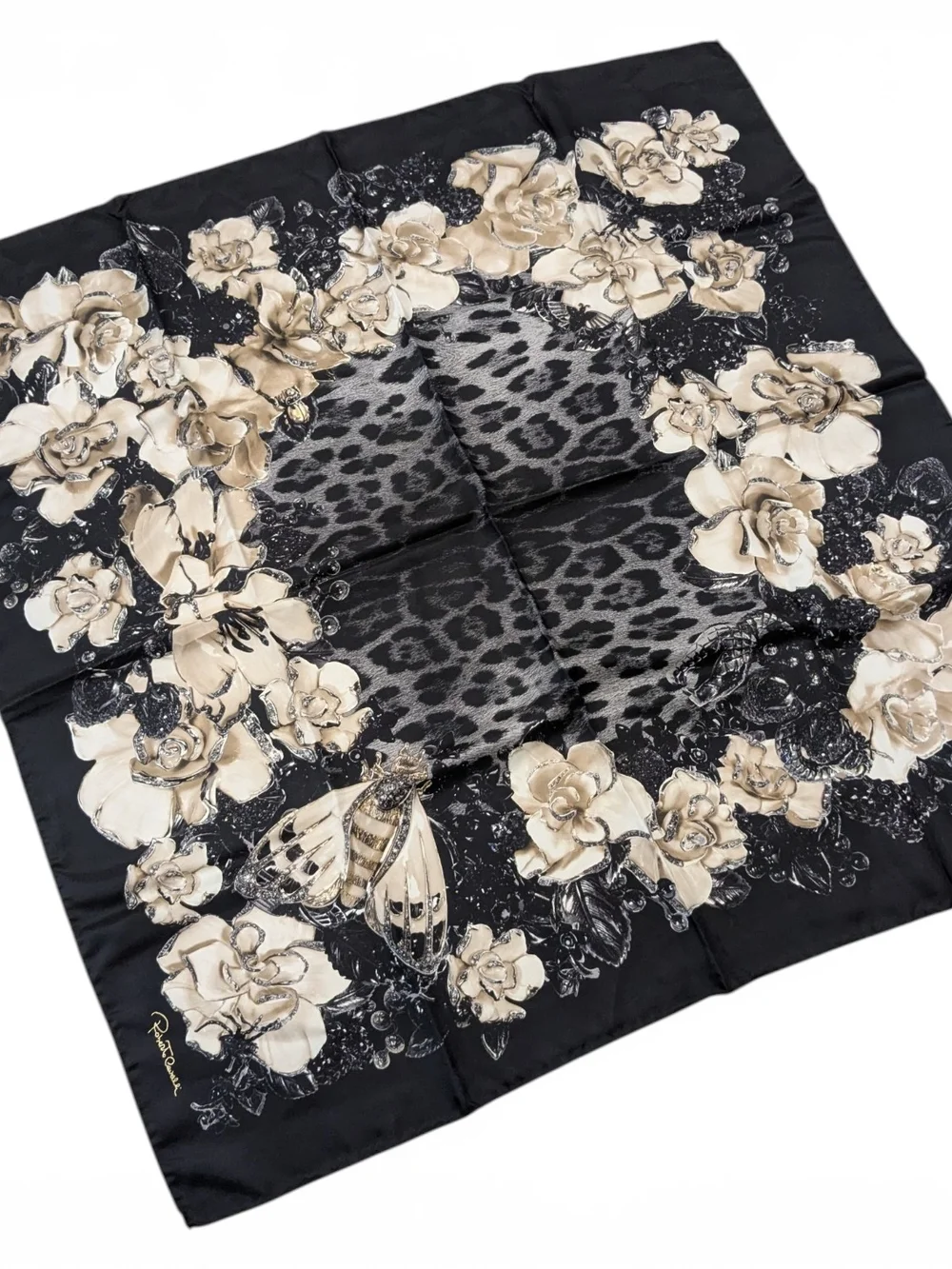 Roberto Cavalli Women's Black Floral 100% Silk Scarf Shawl NWT